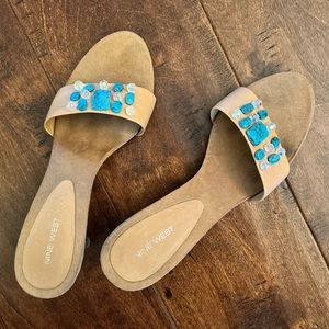 Nine West • Slip-on Sandals Wooden Heels w/ Turquoise Blue Gem Stones — EUC — 7M